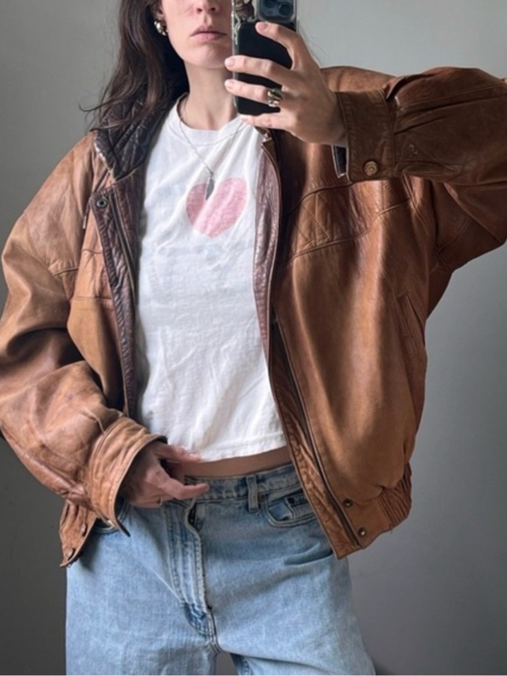 Vintage 90s Leather Bomber Jacket | Quilted Funnel Neck | Oversized Brown | L - Picture 4 of 16